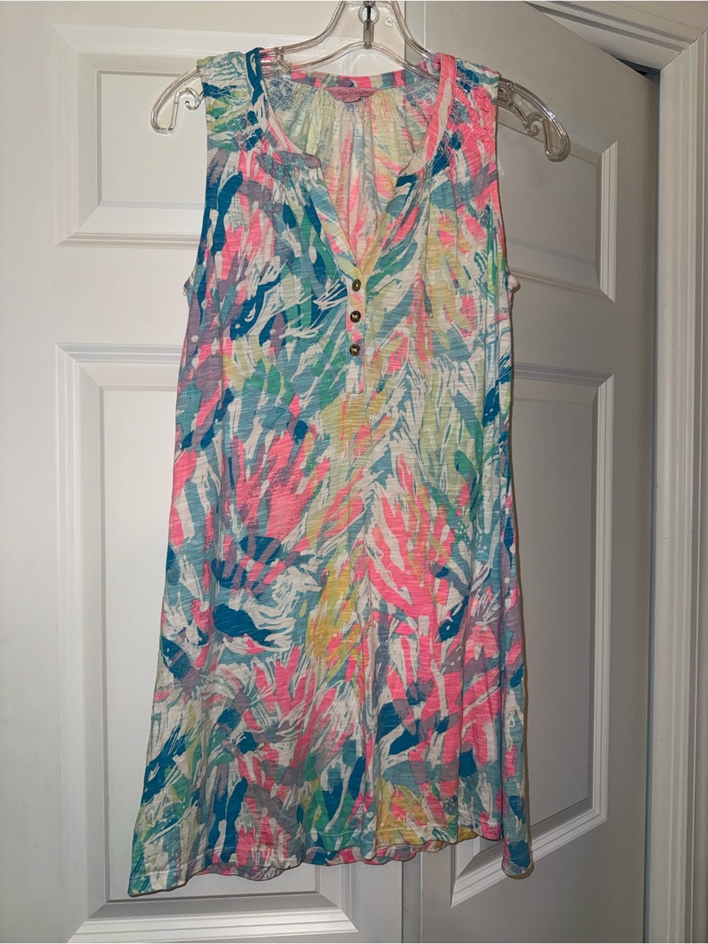 Lilly Pulitzer Sleeveless V-Neck Mini Dress in Pink, Blue & Green Tropical Print